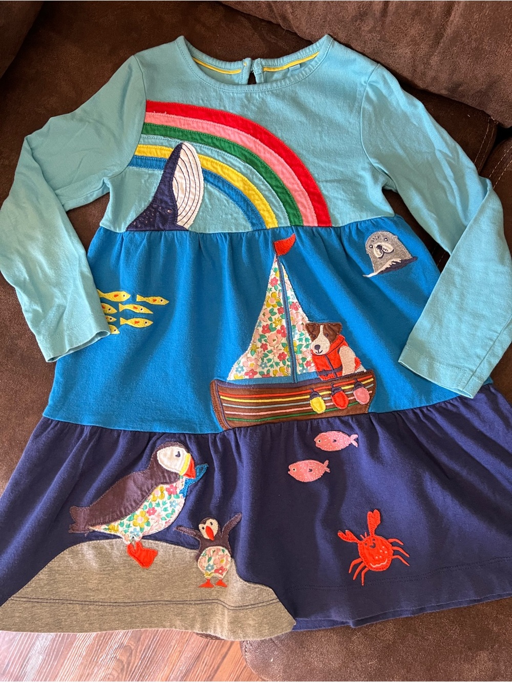 Mini Boden Blue Multi Nautical Appliqué Dress with Rainbow